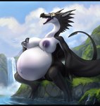 2022 absurd_res anthro areola bahnbahn belly big_belly big_breasts black_body bodily_fluids breasts dragon european_mythology female genitals glaive_wyvern hi_res hyper hyper_pregnancy lactating membrane_(anatomy) membranous_wings milk mythological_creature mythological_scalie mythology navel nipples non-mammal_nipples nude outdoor_nudity outie_navel outside pregnant pregnant_anthro pregnant_female purple_areola purple_nipples pussy rock scalie solo tail water western_dragon white_body wings wyvern zera_stormfire