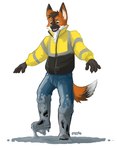 anthro black_body black_clothing black_fur black_topwear blue_bottomwear blue_clothing blue_pants bottomwear canid cement clothing dirty fangs front_view full-length_portrait fur hi_res male mammal open_mouth orange_body orange_fur pants portrait simple_background solo standing teeth topwear white_background white_body white_fur yellow_clothing yellow_topwear yookie