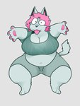 anthro belly big_breasts bottomwear breasts cleavage clothed clothing digital_drawing_(artwork) digital_media_(artwork) exoworo female female_anthro full-length_portrait fur hair hi_res huge_breasts labirhin looking_at_viewer mammal navel overweight overweight_anthro overweight_female pawpads pink_hair pink_pawpads portrait shorts simple_background solo tail topwear