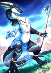 anthro blue_eyes bottomwear bracelet casting_spell clothing dragon ear_fins feral fin fluffy fur fur_markings gem glowing glowing_eyes grass_field hi_res hido horn jewelry loincloth magic magic_user male markings mountain mythological_creature mythological_scalie mythology necklace pawpads scalie signature sky solo spell staff standing weapon white_body wyverness