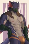 abs absurd_res anthro barely_visible_genitalia barely_visible_penis biped blue_eyes brown_clothing brown_underwear capcom chest_scar clothed clothing dusk_prowler facial_scar feathers flying_wyvern genitals hi_res jockstrap jockstrap_only lacsap_tong makuli_(prowler) male male_anthro monster_hunter muscular muscular_anthro muscular_male mythological_creature mythological_scalie mythology name_in_background nargacuga nipples pecs penis penis_base prowler_(game) scalie scar solo spikes spikes_(anatomy) tail topless underwear underwear_only