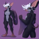 2024 4_toes 5_fingers abs ankle_tuft anthro arm_tuft bat biceps big_ears black_body black_fur butt butt_pose calf_tuft chest_tuft claws countershading crotch_tuft dark_sclera elbow_tuft fangs featureless_chest featureless_crotch feet female fingers flat_chested flexing fluffy frown fur greenlinzerd grey_body grey_fur hair hi_res knee_tuft leaf-nosed_bat leg_tuft looking_at_viewer looking_back looking_back_at_viewer mammal membrane_(anatomy) membranous_wings microbat multiple_images muscular muscular_anthro muscular_female muscular_thighs navel neck_tuft nude pink_snout pose purple_background shoulder_tuft signature simple_background small_tail solo tail teeth toes tuft vespera_(greenlinzerd) webbed_hands were werebat white_hair winged_arms wings yangochiropteran yellow_eyes