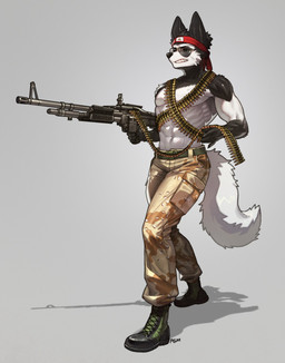 Rating: s
ID: 5603974
Date: 2025-05-28 07:27:35 -0400
Status: active
Score: 11
2025 abs absurd_res accessory ammo_belt anthro arm_tuft belt black_body black_fur boots bottomwear camo camo_bottomwear camo_clothing camo_pants camo_print canid canine canis clenched_teeth clothed clothing eyebrows eyewear footwear fur gun headband hi_res m60 machine_gun male mammal muscular navel pants pattern_bottomwear pattern_clothing pattern_pants pgm300 ranged_weapon shoes shoulder_tuft solo sunglasses teeth topless tuft weapon white_body white_fur post #5603974