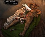 absurd_res alpaca anatomically_correct anthro blade blood bodily_fluids camelid chair duo english_text floor furniture genitals hi_res hook kinktober kneeling lagomorph leporid male male/male mammal mask penis rabbit sickle simple_background sitting slasher text warm_light wood wood_floor yenocwolf