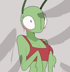 absurd_res antennae_(anatomy) anthro arthropod blush bodily_fluids bra breasts cleavage clothed clothing female green_body hi_res idolomantises insect mantis meme non-mammal_breasts penis_shadow red_bra red_clothing red_underwear shirt solo sweat topwear underwear