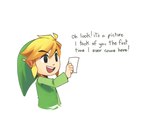 blonde_hair clothing dialogue elf english_text hair humanoid humanoid_pointy_ears hylian light_body light_skin male nintendo not_furry open_mouth open_smile pointy_ears simple_background smile solo supsross text the_legend_of_zelda toon_link wind_waker