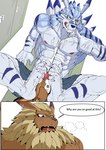 abs absurd_res anthro asiahao520 bandai_namco bodily_fluids cum cum_covered digimon digimon_(species) duo ejaculation erection feet felid foot_fetish foot_play footjob genital_fluids genitals glans hi_res humanoid_feet leomon lion male male/male mammal mane messy muscular muscular_anthro muscular_male nipples pantherine pecs penis plantigrade sex vein veiny_muscles weregarurumon