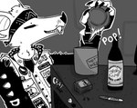 alternative_fashion amplifier anthro bat cheek_tuft cider clothing denim denim_clothing denim_jacket denim_topwear denim_vest english_text eyes_closed facial_tuft fangs fingerless_gloves gloves greyscale handwear hasbro humor jacket kerchief liquor_bottle magic:_the_gathering male mammal monochrome motion_lines patch_(fabric) punk sharp_teeth sharpie sins_(sinsquest) sinsquest smile solo sound_effects spiked_jacket teeth text topwear trans_(lore) trans_man_(lore) tuft vest wizards_of_the_coast