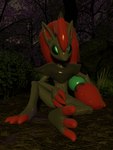 3:4 3d_(artwork) clothing digital_media_(artwork) english_text forest generation_5_pokemon hi_res latex male nintendo plant pokemon pokemon_(species) solo suit text tree vulpivoid zoroark