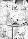 2023 ambiguous_gender anthro axe base_three_layout blockage_(layout) calie_(s2-freak) canid canine canis cheek_tuft clothed clothing cloud comic day detailed_background dialogue digital_drawing_(artwork) digital_media_(artwork) duo english_text facial_tuft female_(lore) fennec_fox feral five_frame_image fox grass greyscale hatchet hi_res holding_object holding_tree holding_weapon horizontal_blockage hybrid inner_ear_fluff lagomorph macro male_(lore) mammal monochrome motion_lines mountain neck_tuft open_mouth outside plant question_mark s2-freak schwarzpelz size_difference sky speech_bubble text three_row_layout topless tree true_fox tuft watermark weapon wolf