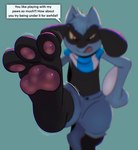 3_toes anthro barefoot darqlugia dialogue english_text feet foot_fetish foot_focus generation_4_pokemon hi_res hindpaw low-angle_view male nintendo pawpads paws pokemon pokemon_(species) presenting riolu soles solo speech_bubble text toes