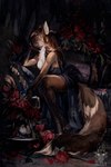 anthro brown_body brown_fur canid canine clothed clothing drawing_sofa female flower fluffy fluffy_tail fox fur mammal plant rose_(flower) solo tail white_body white_fur