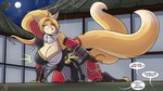 16:9 bouncing_breasts breasts canid canine digital_media_(artwork) fox fur futatsu_(dergn) hi_res light mammal moonlight ninja orange_body orange_fur rooftop sneaking speech_bubble stealth stogiegoatarts warrior widescreen