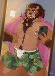 2023 5_fingers abs anthro arm_tuft artist_name bear beard belt belt_buckle blush body_hair bottomwear brown_beard brown_body brown_eyebrows brown_facial_hair brown_fur brown_hair brown_sideburns buckle bulge camo camo_clothing camo_print cellphone chest_tuft claws clothed clothing cross cross_necklace digital_media_(artwork) dress_shirt electronics eyebrows facial_hair facial_piercing fingers flat_colors fur grin hair happy_trail hi_res holding_cellphone holding_object holding_phone holding_smartphone jewelry kneeling lip_piercing lip_stud long_hair looking_at_viewer male mammal mirror mirror_reflection mirror_selfie muscular muscular_anthro muscular_male navel necklace nipple_piercing nipples nose_piercing nose_ring open_clothing open_shirt open_topwear parasouleater pattern_clothing pecs phone piercing pink_clothing pose reflection ring_piercing selfie shirt shorts sideburns smartphone smile solo topwear tuft underwear white_clothing white_underwear