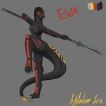 absurd_res anthro aydaharart black_body black_hair black_skin body_pattern breasts eva(aydaharart) female hair hi_res melee_weapon nude nude_anthro nude_female orange_eyes polearm reptile scales scalie snake solo spear tribal warrior weapon