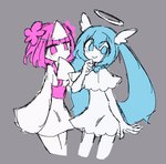 agpgwm angel angel_humanoid asian_clothing blue_eyes blue_hair clothing death duo east_asian_clothing female ghost hair halo hatsune_miku head_wings hitaikakushi humanoid japanese_clothing japanese_ghost_outfit kimono pepoyo pink_eyes pink_hair smile smiling_at_viewer spirit tenkan unusual_wing_placement vocaloid vy1 white_body white_skin wings yurei