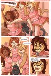 anthro bottomwear canid canine canis cheerleader cheetah clothed clothing comic dialogue digital_media_(artwork) domestic_cat domestic_dog emily_(paddedulf) english_text feet felid feline felis female fur group hair leopard lion mammal open_mouth paddedulf pantherine pawpads paws pom_poms skirt smile soles speech_bubble tail text toes topwear white_body white_fur