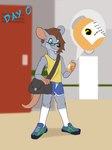 3:4 4_fingers anthro bottomwear brown_hair clothing drugs eyewear fingers footwear fur glasses grey_body grey_fur growth growth_pills hair hi_res locker_room male mammal murid murine pills rat rodent shirt shoes short smile socks solo tank_top text topwear trace_(vezerem) vezerem