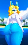 absurd_res animal_crossing anthro anus areola beach biped blonde_hair blue_body blurred_background bodily_fluids breasts butt eyelashes female foxsuo francine_(animal_crossing) genital_fluids genitals hair hi_res lagomorph leporid looking_at_viewer looking_back mammal nintendo nipples nude pupils pussy rabbit smile solo thick_thighs vaginal_fluids white_body