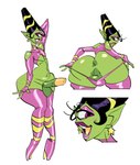 2024 absurd_res alien anus balls black_hair butt clothed clothing crossdressing cyclops erection eyeshadow femboy footwear genitals green_body green_skin hair hi_res high_heels humanoid humanoid_pointy_ears looking_at_viewer looking_back makeup male not_furry open_mouth open_smile penis purple_eyes shoes simple_background slb smile smiling_at_viewer solo