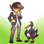 1:1 ambiguous_gender beak black_hair bottomwear claws clothed clothing cosplay duo feral flat_cap footwear fully_clothed generation_4_pokemon gradient_background hair hand_on_hip hat headgear headwear hitec holding_object human jacket looking_at_viewer male mammal nintendo nude pants pokemon pokemon_(species) pokemon_trainer shirt shoes short_hair simple_background standing staravia toony topwear wings