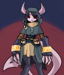 anthro armor black_sclera dark_body dark_fur demon fur hood horn long_tail male pouches priest rafel_the_pure red_eyes solo tail unknown_artist