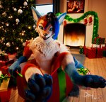 2024 3d_(artwork) anthro c4d carpet christmas christmas_tree cinema_4d_(artwork) daytia digital_media_(artwork) feet fireplace fur garland gift hi_res holidays lamp loft male pawpads paws plant pose posed rexouium toes tree warm_light warm_lighting