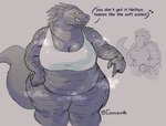 anthro big_breasts big_butt bottomless breasts butt claws clothed clothing daxy english_text female hi_res huge_breasts monochrome musk musk_clouds navel non-mammal_breasts overweight overweight_anthro overweight_female scalie solo spot_color steaming_body text thick_thighs tucolewds weights