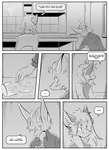 absurd_res anthro black_and_white braun_(kifyun2) canid canine chair clothed clothing comic dialogue duo emily_braun_(undying_void) english_text female fox furniture hi_res inner_ear_fluff inside kifyun2 male mammal monochrome simple_background sitting speech_bubble text tuft