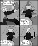 2023 absurd_res angry anthro axismarcy bear blush bottomwear clothing comic dialogue duo exclamation_point eyewear glasses hi_res inside_tent mammal monochrome padre_(unicorn_wars) pants sargento_caricias shirt spanish_text surprise tent text topwear translation_check translation_request unicorn_wars