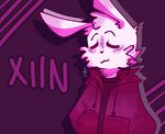 anthro clothed clothing engel_(xiin) eyes_closed fur hand_in_pocket hands_in_both_pockets hoodie lagomorph leporid losrestosgng male mammal open_clothing open_hoodie open_topwear pink_lighting pockets rabbit solo topwear triangleyehaw white_body white_fur