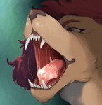 ambiguous_form ambiguous_gender bodily_fluids brown_eyes brown_nose fangs fur hair hi_res lionfloof mouth_shot open_mouth pink_tongue red_hair saliva saliva_string sharp_teeth simple_background solo tan_body tan_fur teeth tongue