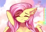 airiniblock anthro artist_name breasts bust_portrait cheek_tuft cloud distracting_watermark ear_tuft equid eyes_closed facial_tuft feathered_wings feathers female fluttershy_(mlp) friendship_is_magic fur hair hand_behind_head hasbro hi_res inner_ear_fluff long_hair mammal my_little_pony pink_hair portrait rainbow shaded sky soft_shading solo tuft watermark wings yellow_body yellow_feathers yellow_fur