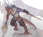 2024 2_heads anthro armor axe bakool_ja_ja clothed clothing colored dual_wielding final_fantasy final_fantasy_xiv final_fantasy_xiv:_dawntrail headgear helmet hi_res holding_object holding_weapon josh_corpuz light_clothing lizard male mamool_ja melee_weapon multi_head multicolored_body muscular muscular_male open_mouth pecs reptile scalie simple_background solo square_enix sword tail two_tone_body weapon wristband