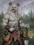 abs anthro balalaevgod barbarian biceps big_muscles biped canid canine canis domestic_dog fur hi_res horn husky male mammal muscular muscular_anthro muscular_male nordic_sled_dog solo spitz vann_(felwinn) weapon