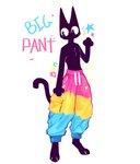 2023 2024 anthro black_body black_eyes black_fur blush blush_lines bottomwear bunonthemoon clothing domestic_cat felid feline felis fur hi_res looking_away male mammal oversized_bottomwear oversized_clothing oversized_pants pants shirtless_anthro shirtless_male slim_anthro slim_male solo