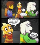 absolutedream asriel_dreemurr backpack boss_monster_(undertale) bovid caprine child comic dialogue english_text frisk_(undertale) hi_res human lizard mammal monster_kid reptile scalie scarf text undertale undertale_(series) wet young