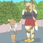 1:1 african_wild_dog anthro bottomwear canid canine clothed clothing duo ekaki510 exclamation_point female footwear kemono lagomorph leporid mammal rabbit shoes skirt