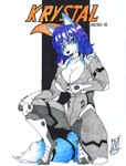 anthro big_breasts blue_body blue_eyes blue_fur blue_hair breasts canid canine cleavage clothed clothing colored_pencil_(artwork) crouching female fox fur hair hi_res krystal_(star_fox) mammal marker_(artwork) multicolored_hair nintendo purple_hair skintight_clothing skintight_suit solo star_fox traditional_media_(artwork) two_tone_hair zipper zwitterkitsune