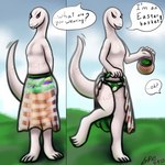 1:1 2023 4_toes 5_fingers absurd_res albino anthro arm_tattoo barefoot basket bedroom_eyes belly_tattoo big_tail bottomwear bow_panties bow_underwear closed_smile clothed clothing clothing_lift comic container crusch_lulu cute_fangs dated day detailed_background dialogue digital_drawing_(artwork) digital_media_(artwork) digitigrade easter easter_basket egg_pattern english_text eyelashes fangs featureless_chest feet female fingers flat_chested frilly frilly_clothing frilly_panties frilly_underwear green_clothing green_panties green_underwear hands_behind_back hi_res holidays humanoid_hands krita_(artwork) leg_tattoo lizard lizardman lizardman_(overlord) long_neck long_tail looking_at_viewer monotone_body monotone_scales mouth_closed narrowed_eyes neck_tattoo open_mouth open_smile orange_tattoo outside overlord_(series) panties pattern_bottomwear pattern_clothing pattern_panties pattern_underwear presenting_panties presenting_underwear print_bottomwear print_clothing print_skirt reptile scales scalie seductive shaded shadow signature skirt skirt_lift smile smiling_at_viewer snout soft_shading solo spe speech_bubble standing tail tail_motion tail_tattoo tailwag talking_to_viewer tapering_tail tattoo teeth text thick_tail thigh_tattoo toes topless topless_anthro topless_female tribal tribal_tattoo underwear white_body white_scales