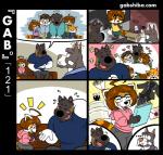 adopted_(lore) ailurid akita anthro baby blue_clothing blue_shirt blue_topwear blush bodily_fluids box brown_hair canid canine canis cardboard cardboard_box child clothing comic container crying dialogue digit_ring domestic_dog ellipsis eyewear family female fur gab_(comic) gabshiba glasses grey_body grey_fur hair heart_symbol jewelry male mammal mastiff molosser mother_(lore) multicolored_body multicolored_fur orange_body orange_fur overalls parent_(lore) pictographics pit_bull red_panda ring ruff_bull shirt sibling_(lore) smile son_(lore) spitz sweater tears text topwear url voff_akita wedding_ring young