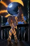 2022 anthro arched_back bent_over biped black_body black_fur black_hair butt canid canine canis clothing detailed_background digital_media_(artwork) female footwear full_moon fur genitals glowing glowing_genitalia glowing_markings glowing_nipples glowing_pussy hair hi_res high_heels humanoid_genitalia humanoid_pussy jackal long_hair mammal markings moon multicolored_pussy nature nature_background nibhaaz nipples orange_inner_pussy orange_markings orange_pussy outside presenting presenting_hindquarters pussy shoes solo two_tone_pussy