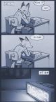 2016 anthro biped canid canine chair cheek_tuft clothed clothing comic dialogue disney english_text facial_tuft fox fur furgonomics furniture hi_res inside male mammal nick_wilde office_chair pillarbox police police_uniform red_fox rockbottomfeeder simple_background solo speech_bubble text true_fox tuft uniform zootopia