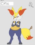 3_toes angry annoyed anthro black_clothing black_shirt black_topwear bottomwear braixen canid canine circular_glasses clothing colored crossed_arms denim denim_bottomwear denim_clothing ear_tuft fan_character fangs feet fluffy fluffy_tail fox generation_6_pokemon hi_res jeans long_tail male mammal meatboom necktie nintendo pants pokemon pokemon_(species) shirt solo sweater sweater_vest tail teeth thick_thighs toes topwear tuft vest