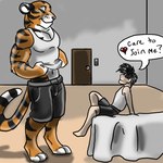 1:1 anthro bed bedroom clothing dialogue door duo eye_contact felid furniture heart_symbol human jeremiah_leckrone larger_anthro larger_male leaning leaning_backward looking_at_another male male/male mammal nero_(shorty) pantherine sitting size_difference smaller_human smaller_male smile speech_bubble standing tail tiger