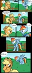 absurd_res applejack_(mlp) blonde_hair blue_body blue_feathers blue_fur clothing comic earth_pony equid equine feathered_wings feathers female feral friendship_is_magic fur grumblepluck hair hasbro hat headgear headwear hi_res horse mammal multicolored_hair my_little_pony mythological_creature mythological_equine mythology pegasus pony rainbow_dash_(mlp) rainbow_hair tail wing_boner wings