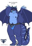 absurd_res anthro barazoku belly belly_scales blue_body blue_eyes bulge christopher_wyvern claws clothed clothing come_here dialogue dragon flirting genitals hand_behind_head hi_res jockstrap jockstrap_only lace laced_clothing laced_jockstrap laced_underwear male markings marvolk membrane_(anatomy) membranous_wings musclegut muscular mythological_creature mythological_scalie mythology nipple_fetish nipple_piercing nipples partially_clothed pecs penis penis_base piercing pubes scales scalie slightly_chubby slightly_chubby_male solo tail tail_markings tail_tuft thick_thighs tongue tongue_out topless tuft underwear underwear_only untied wing_claws wings