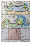 absurd_res anthro bath bathing bathing_together bathtub blonde_hair blue_eyes blue_hair comic comic_panel dashthefox dialogue dinosaur door dragon dromaeosaurid eastern_dragon english_text eyes_closed facial_hair fu_manchu furniture goatee green_body green_skin hair hi_res long_hair male manly medieval medieval_fantasy muscular muscular_anthro muscular_male mythological_creature mythological_scalie mythology onomatopoeia open_mouth partially_submerged pecs prehistoric_species red_eyes relaxing reptile rustic scalie sek-raktaa smile sound_effects speech_bubble text theropod traditional_media_(artwork) velociraptor water wet wet_body yellow_sclera