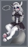 4_toes absurd_res anthro arm_tuft band-aid bandage barefoot biped bloominglynx blue_eyes blush bottomwear bow_tie canid canine canis clothed clothing digital_media_(artwork) evie_serova_(nifo-190) fangs feet female female_anthro fox fur grey_body grey_fur hair hat headgear headwear hi_res legwear maid_uniform mammal marble_fox multicolored_body multicolored_fur open_mouth pawpads paws red_fox shaded silver_hair skirt solo speech_bubble stockings tail_under_skirt teeth toes true_fox tuft two_tone_body two_tone_fur uniform