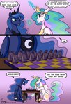 blue_eyes blue_hair chess chess_board chess_piece comic dialogue duo english_text equid equine female feral friendship_is_magic hair hasbro hi_res horn mammal my_little_pony mythological_creature mythological_equine mythology omny87 princess_celestia_(mlp) princess_luna_(mlp) quadruped sibling_(lore) sister_(lore) sisters_(lore) text url winged_unicorn wings